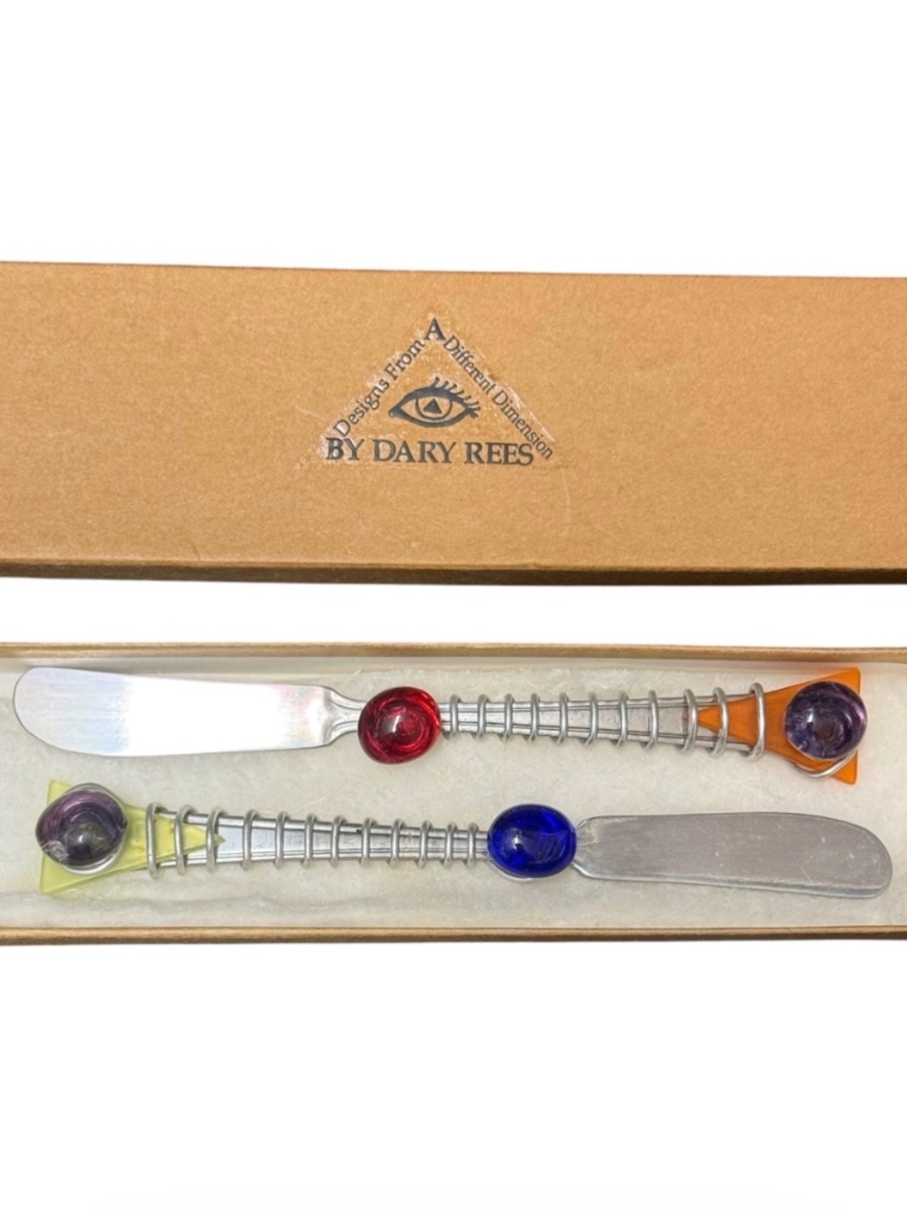 Vintage Dary Rees Glass & Wire Wrapped spreaders Set of 2 NIB
